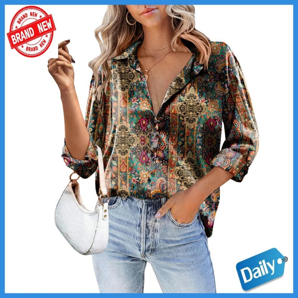 Satin Button Down Blouse Long Sleeve Loose Fit Tunic Business Casual